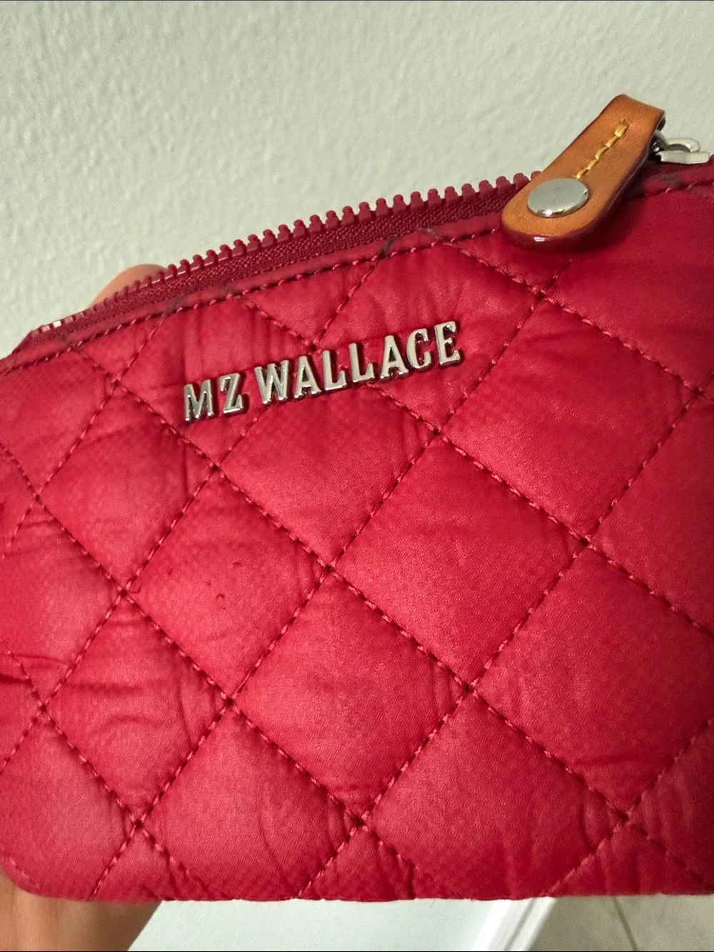 Mz Wallace Flat Metro Key Pouch Quilted Zip Card Case in Red Silver Accents
